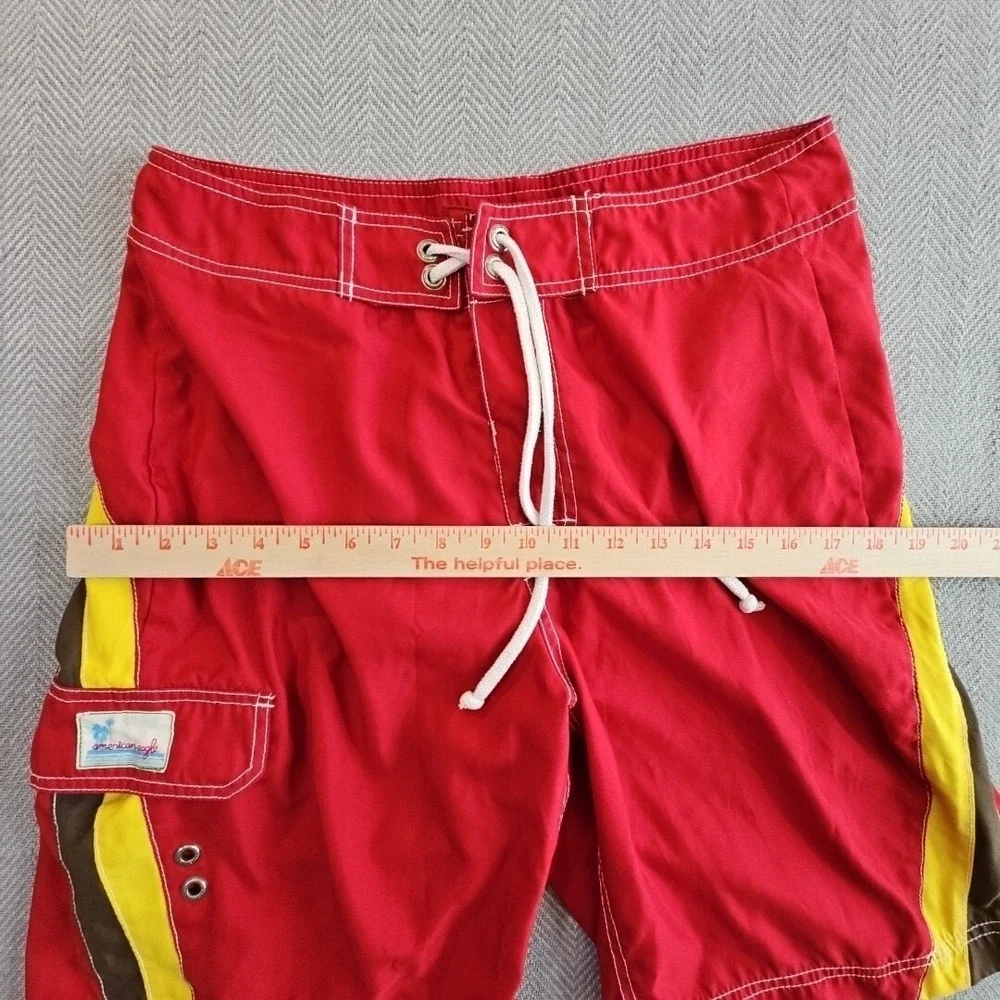 American Eagle Men 32 Board Shorts Swim Trunks Red Yellow 10 Inseam EUC Surf NWT